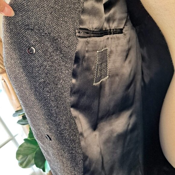 Harry Rosen Wool OverCoat Lined Samuelsohn Gray Herringbone Single Breasted - Picture 11 of 16